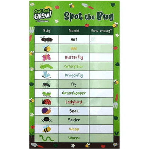 Colorful bug checklist for kids featuring various insects like ants, butterflies, and ladybirds for outdoor adventures.