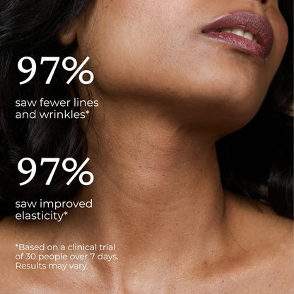 Close-up of a woman's neck with text indicating skin improvement results with PRAI .