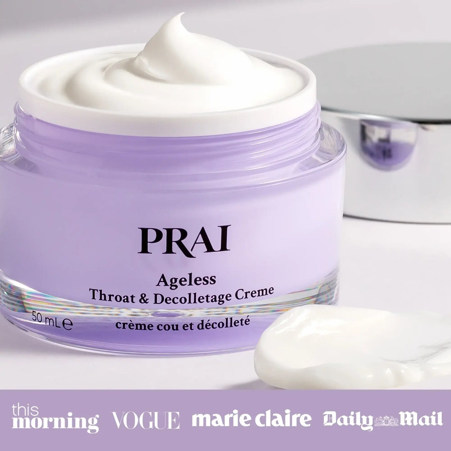 Purple jar of PRAI Ageless Throat & Decolletage Creme with a white cap on a light gray background.