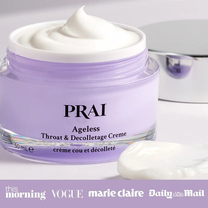 Purple jar of PRAI Ageless Throat & Decolletage Creme with a white cap on a light gray background.