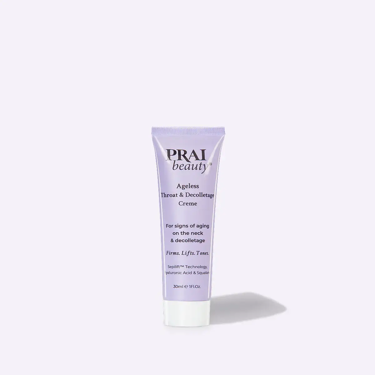 PRAI beauty Ageless Treat & Decolletage Creme tube on a white background