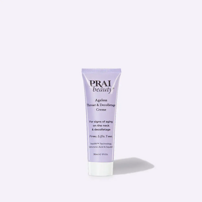 PRAI beauty Ageless Treat & Decolletage Creme tube on a white background
