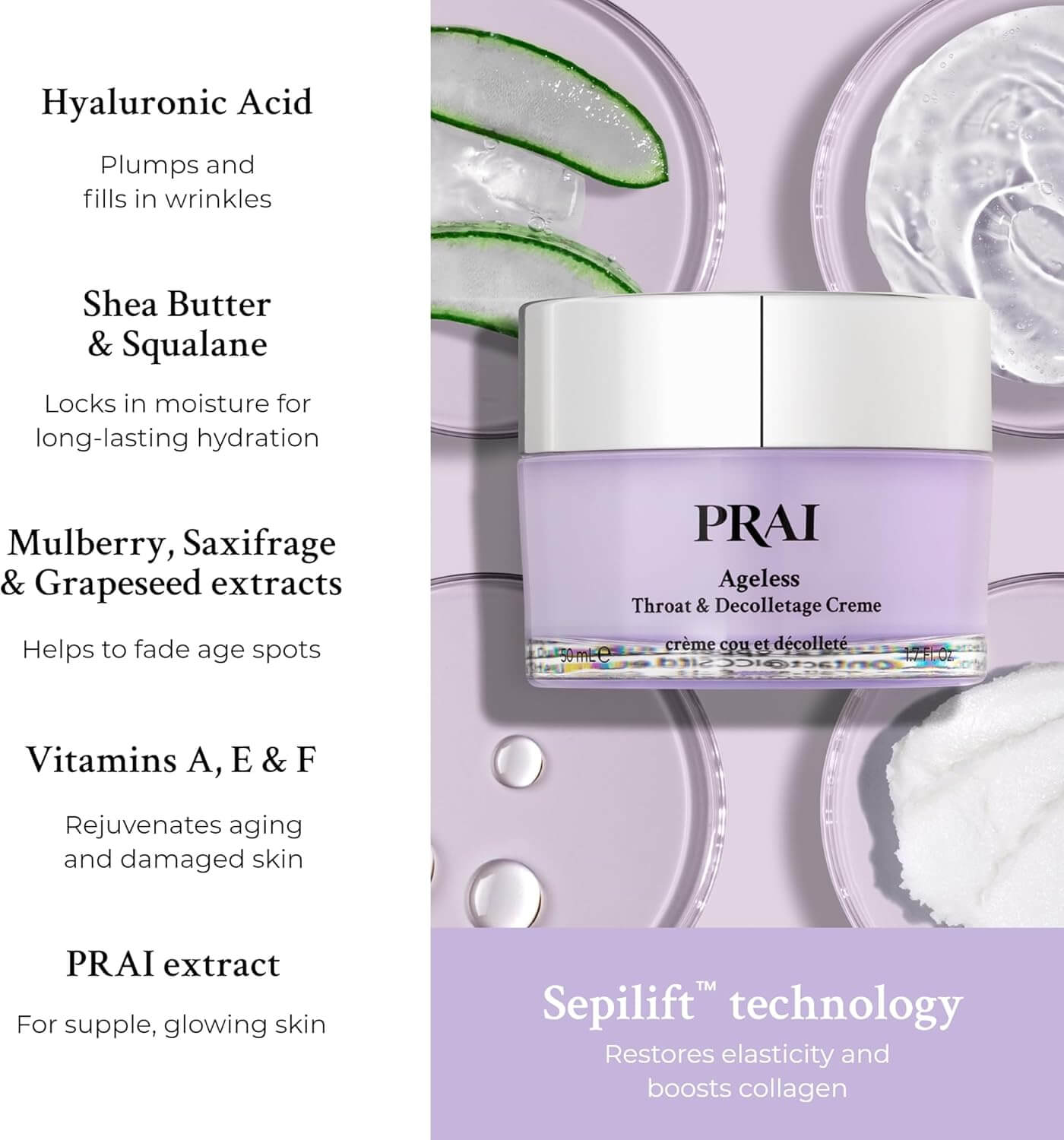 PRAI skincare cream with ingredients listed on a purple background