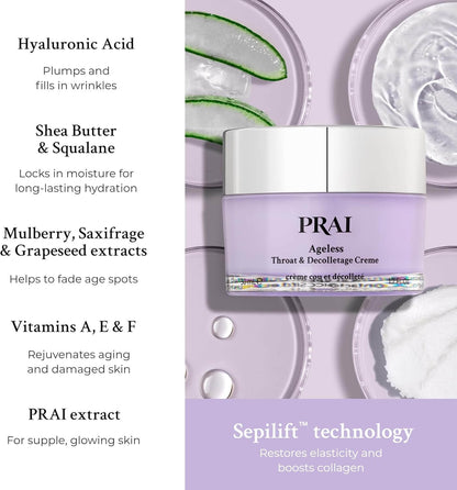 PRAI skincare cream with ingredients listed on a purple background