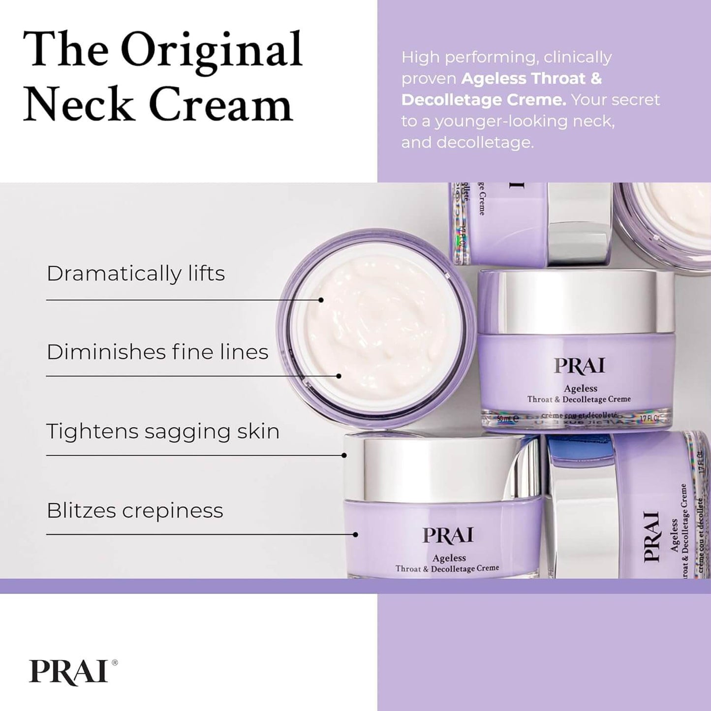 PRAI Ageless Neck & Decolletage Creme with product containers and benefits listed.