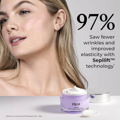 Woman with smooth skin next to a jar of PRAI Ageless Therapy Cream with text about Sepilift technology.