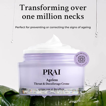 PRAI Ageless Throat & Decolletage Creme jar with text about transforming necks and preventing ageing.