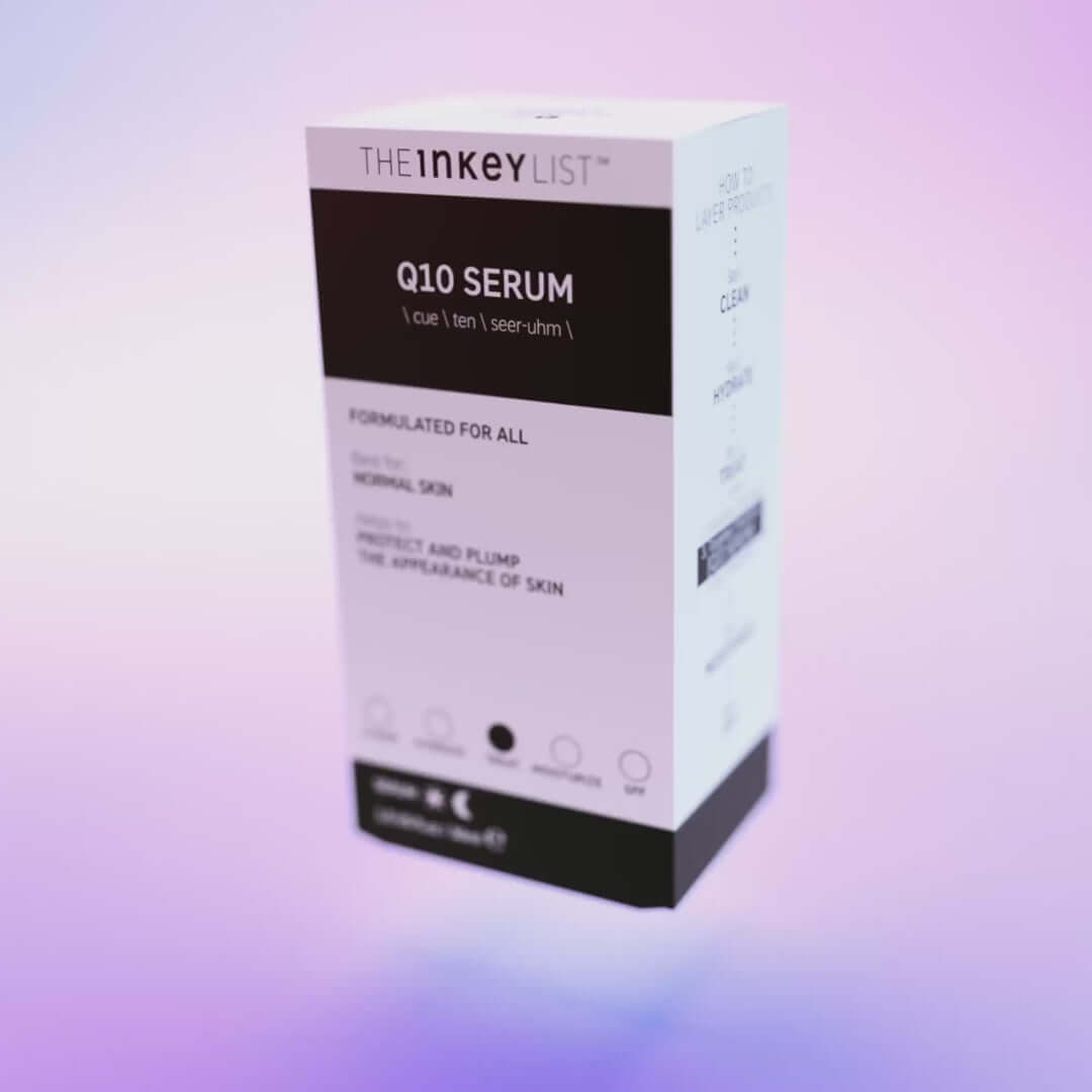 The INKEY List Q10 Serum 30ml packaging designed to enhance skin firmness and moisture levels.