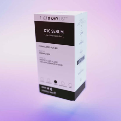 The INKEY List Q10 Serum 30ml packaging designed to enhance skin firmness and moisture levels.