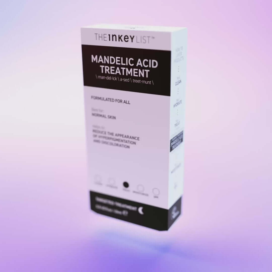 The INKEY List Mandelic Acid Treatment 15ml packaging for reducing discoloration and improving skin texture.