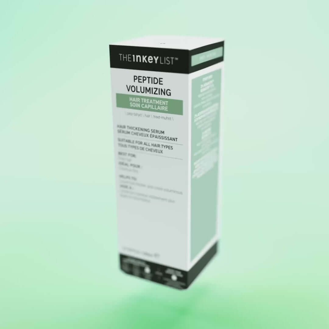The INKEY List Peptide Volumizing Hair Treatment box on a green background, enhancing hair volume and vitality.