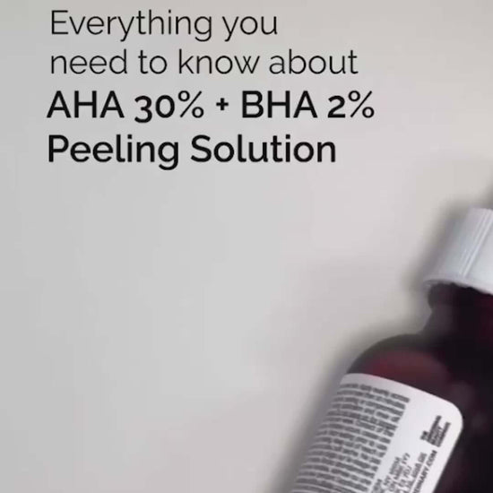 The Ordinary AHA 30% + BHA 2% Peeling Solution informative image with text highlighting key benefits.