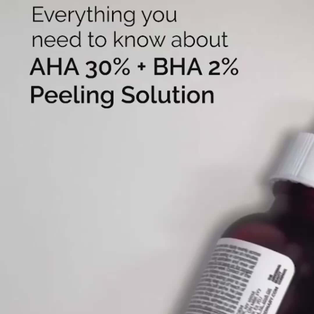 The Ordinary AHA 30% + BHA 2% Peeling Solution informative image with text highlighting key benefits.