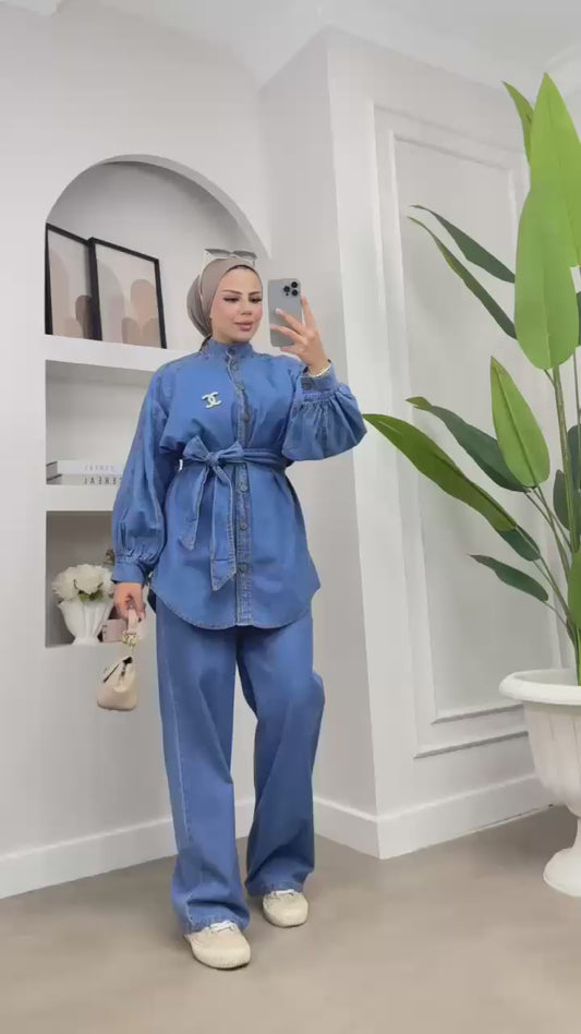 NED Denim Co Ord Set featuring a modest button shirt and flared pants styled for casual wear. TheGoodVibes.