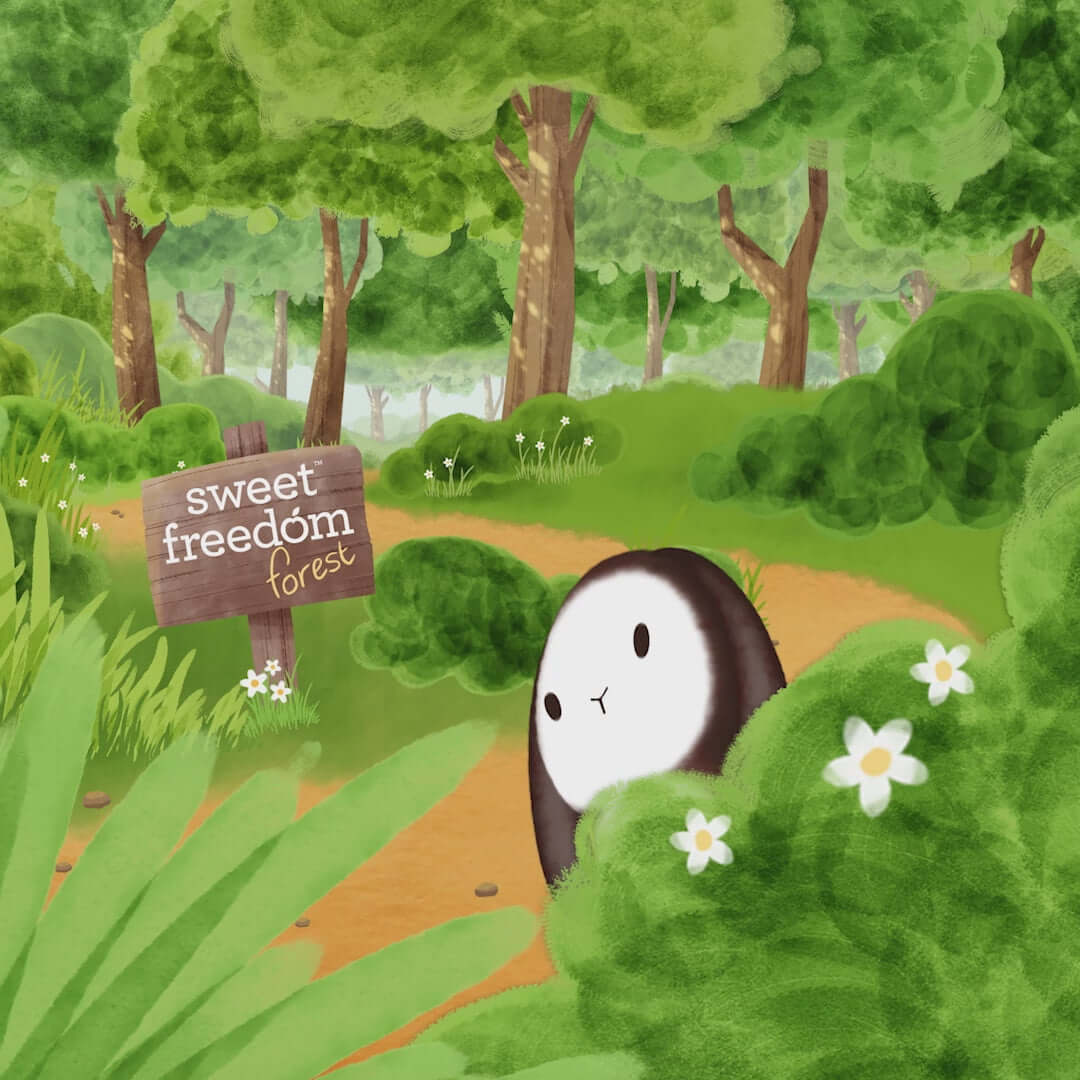 Illustration of a cute character peeking from bushes in a vibrant green forest named Sweet Freedom Forest.