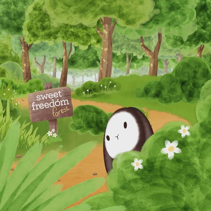 Illustration of a cute character peeking from bushes in a vibrant green forest named Sweet Freedom Forest.