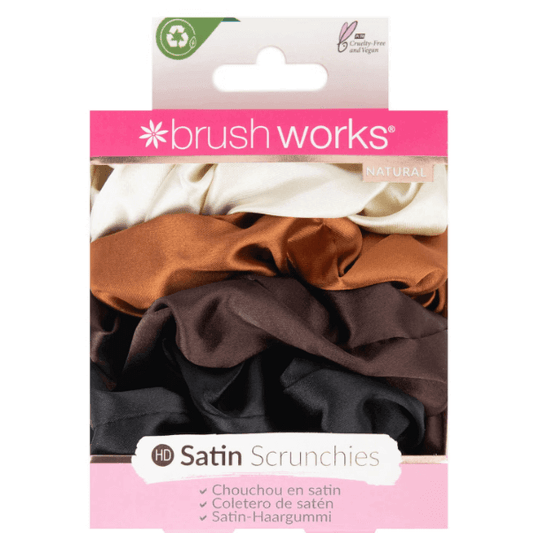 Brushworks Nude Satin Scrunchies pack of 4 in assorted colors for styling and securing hair, minimizing breakage.