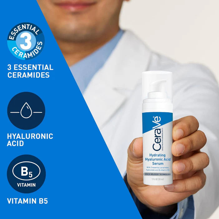 CeraVe serum bottle held by a person with product features highlighted