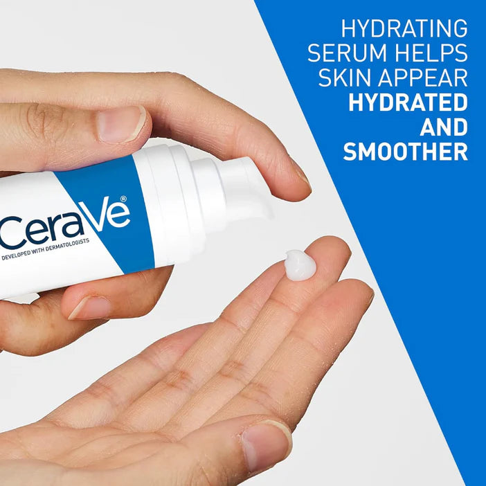 CeraVe hydrating serum being applied to a hand with text about its benefits.