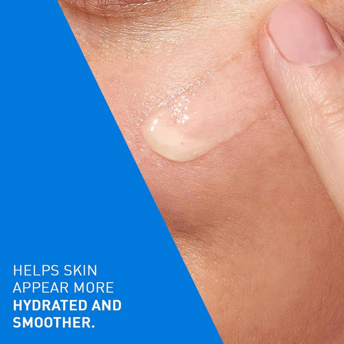 Close-up of skin with a droplet of moisturizer and text about hydration. raVe_Hydrating_Hyaluronic_Acid_Serum_