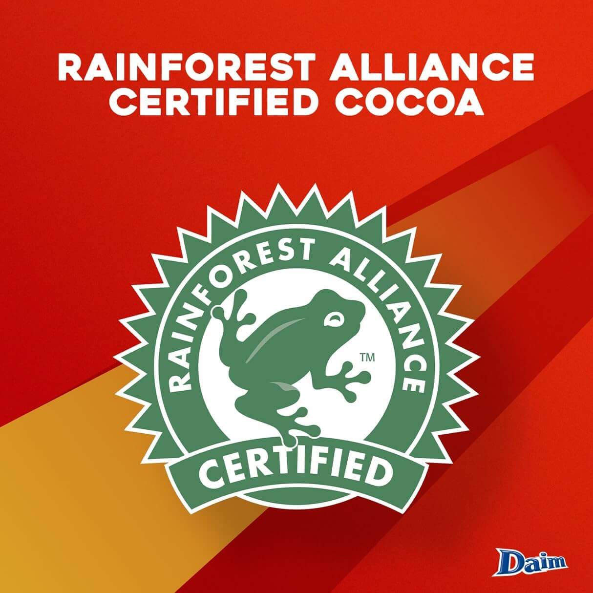 Rainforest Alliance Certified Daim Cocoa logo on a red and orange background