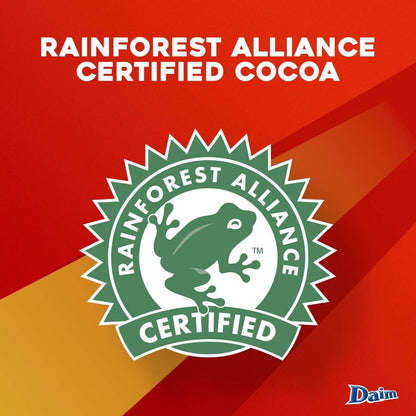 Rainforest Alliance Certified Daim Cocoa logo on a red and orange background