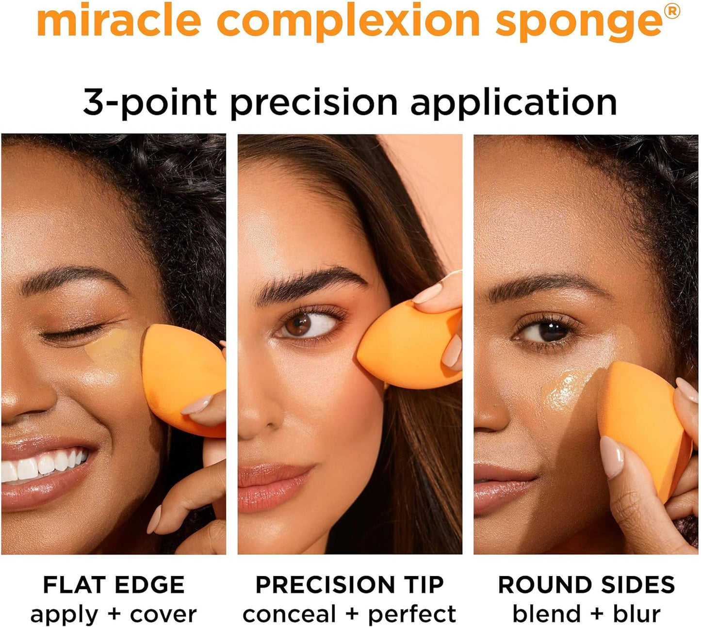 Three-point precision application of a miracle complexion sponge on a woman's face.