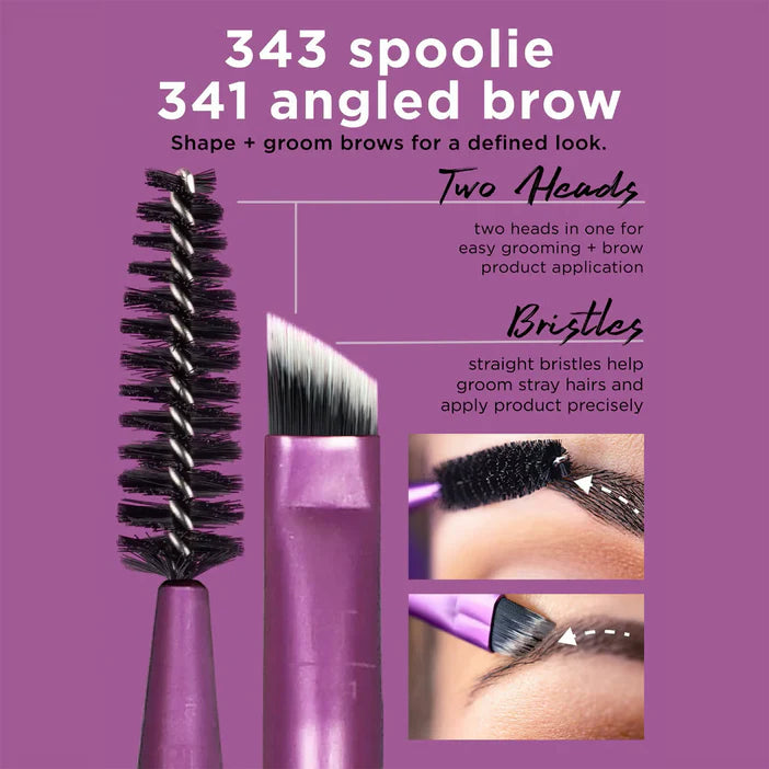 Makeup brush with purple handle and black bristles on a purple background, featuring text about the brush's features.