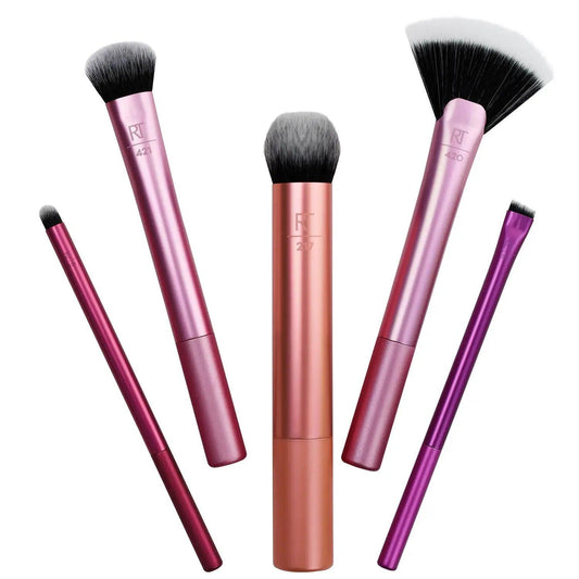 Real Techniques Artists Essentials brush set featuring five versatile synthetic brushes for flawless makeup.