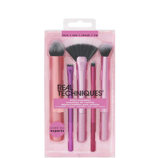 Real Techniques Artists Essentials brush set for flawless makeup application, including face, eye, and lip brushes.