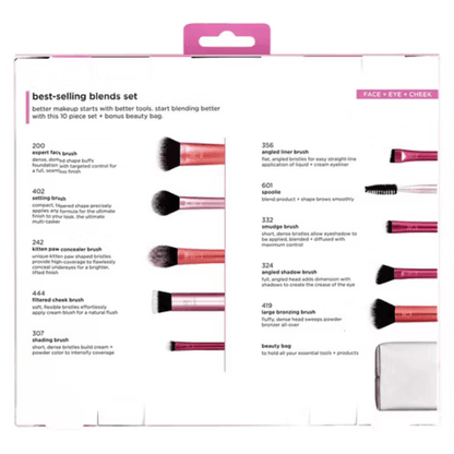 Real Techniques Makeup brush set packaging with brush illustrations and descriptions on a white background