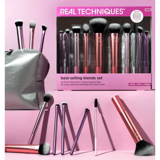 Real Techniques makeup brush set with packaging on a pink background
