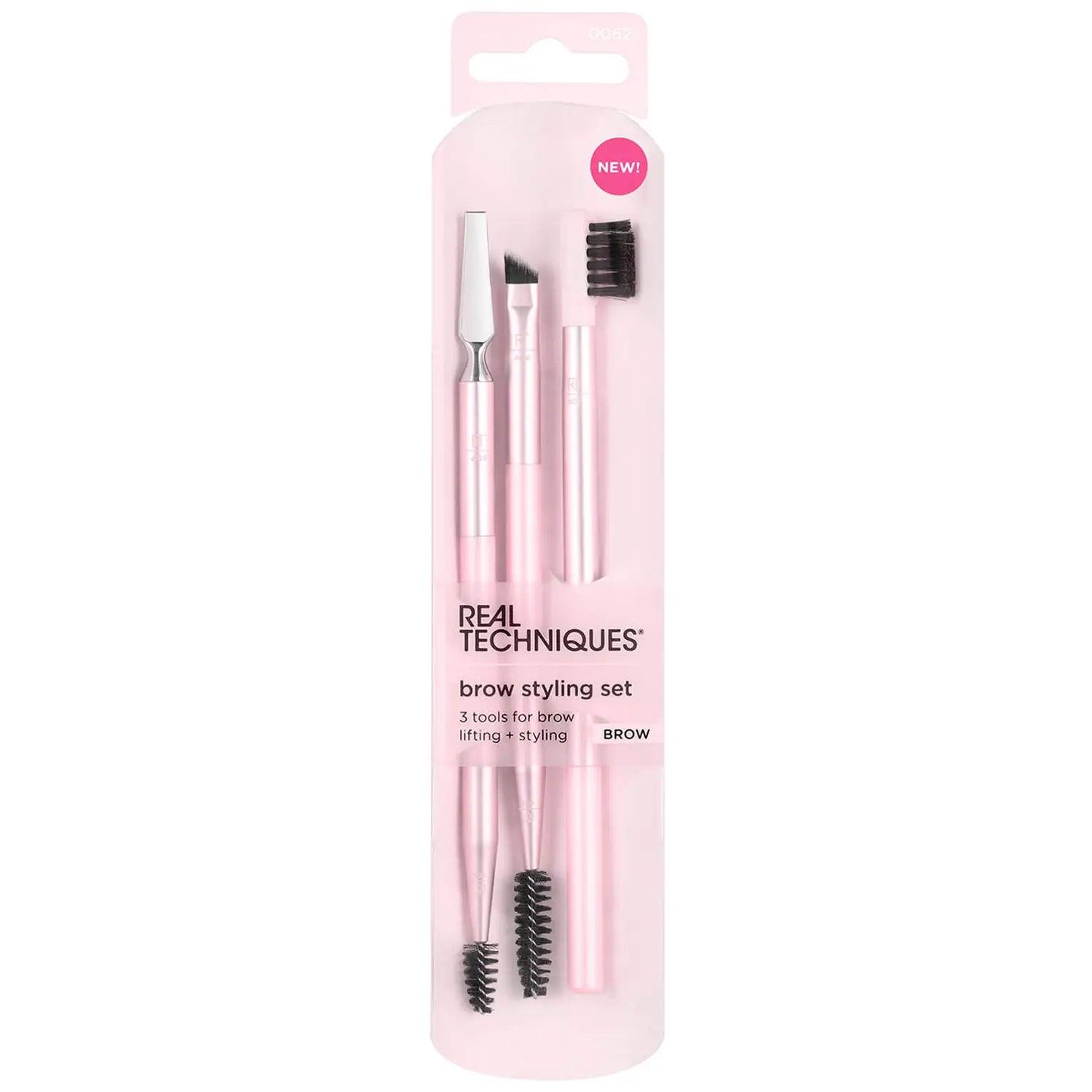 Real Techniques Brow Styling Set with three dual-function brow tools for precise styling and blending.