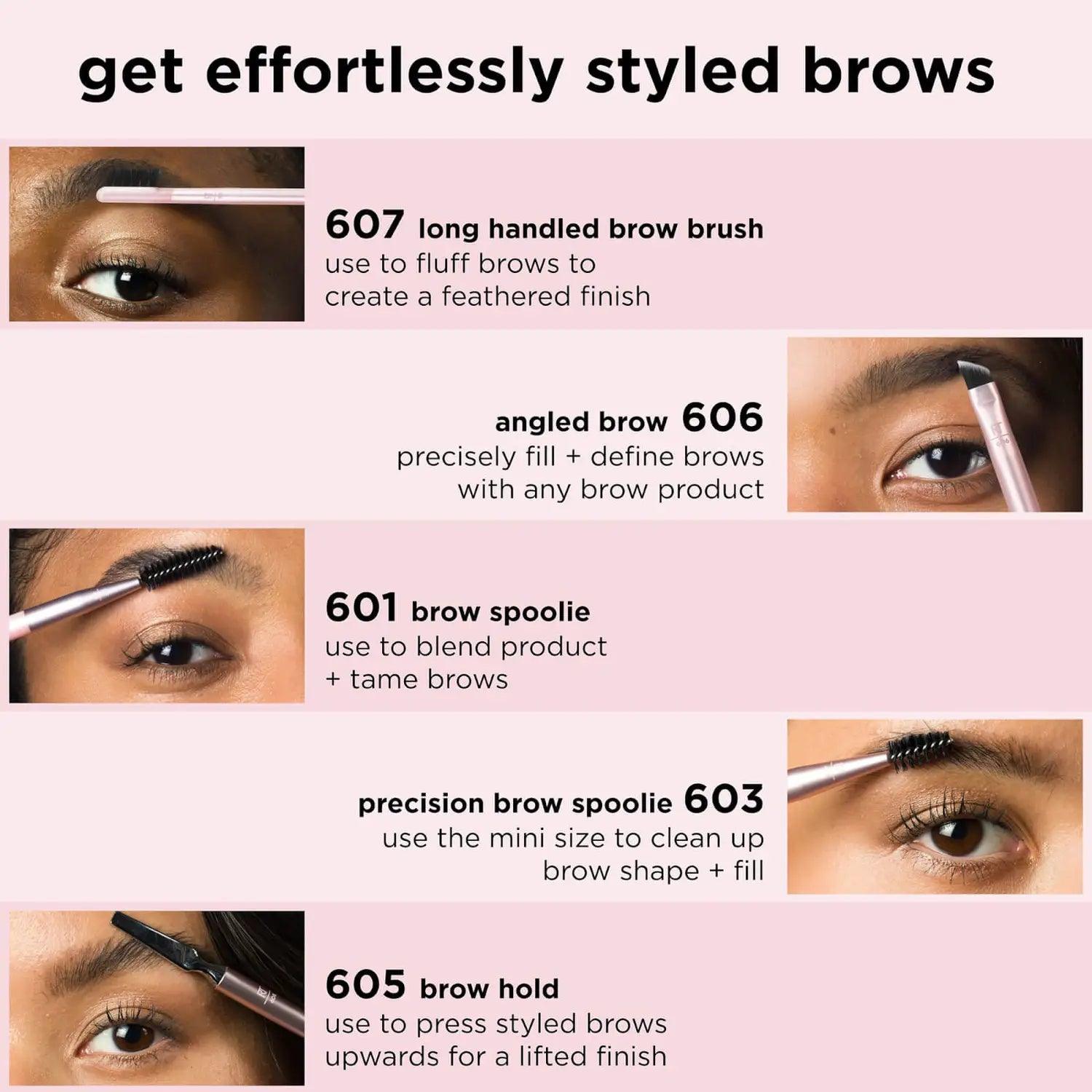 Real Techniques Brow Styling Set tools for perfectly styled brows: long handled brush, angled brush, and precision spoolies.