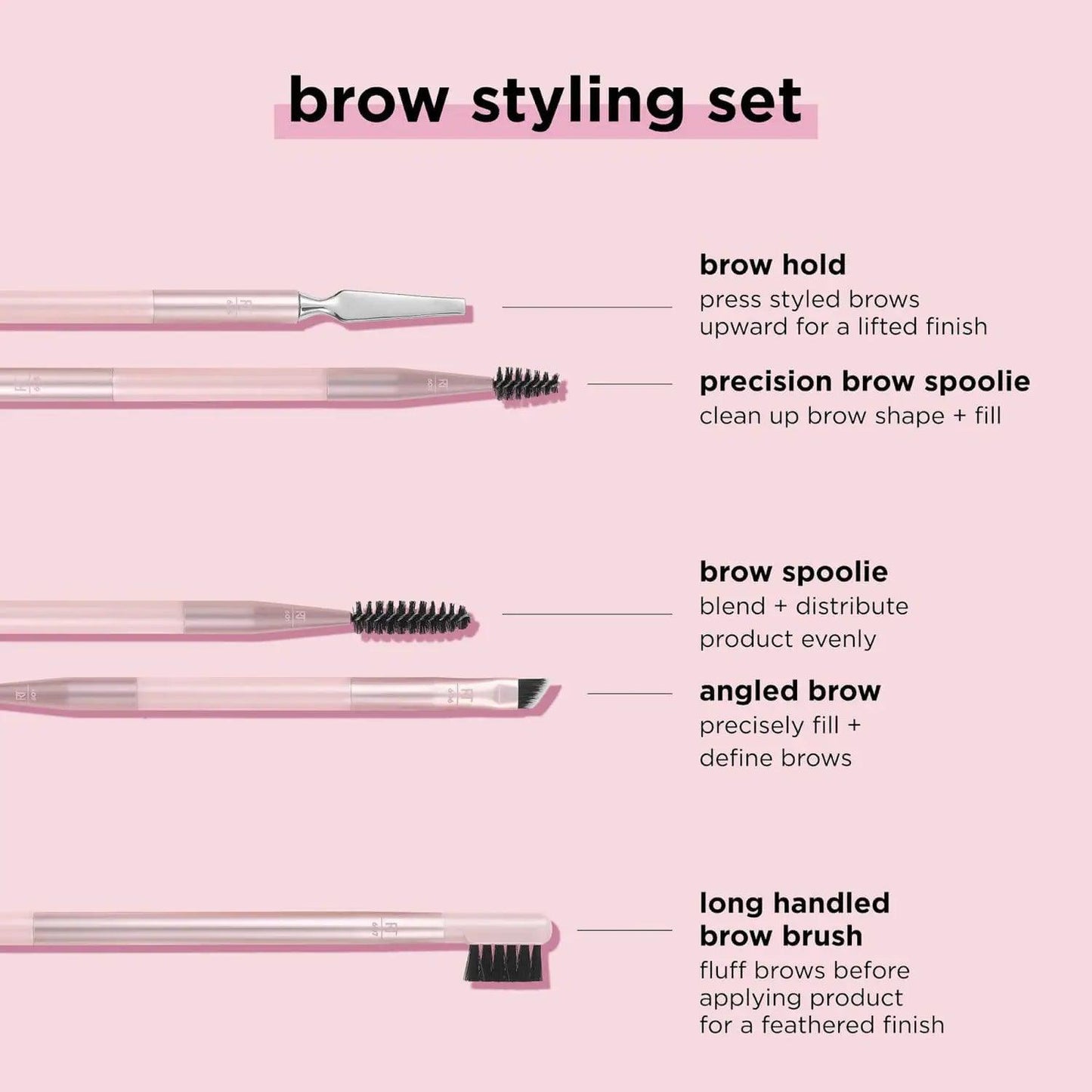 Real Techniques Brow Styling Set featuring four dual-function tools for precise brow shaping and styling.