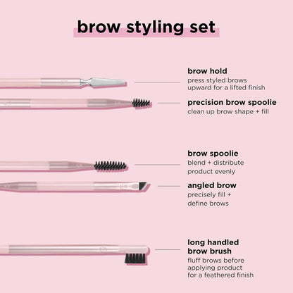 Real Techniques Brow Styling Set featuring four dual-function tools for precise brow shaping and styling.