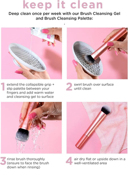 Real Techniques Step-by-step guide on cleaning makeup brushes with a cleansing gel and palette on a pink background.