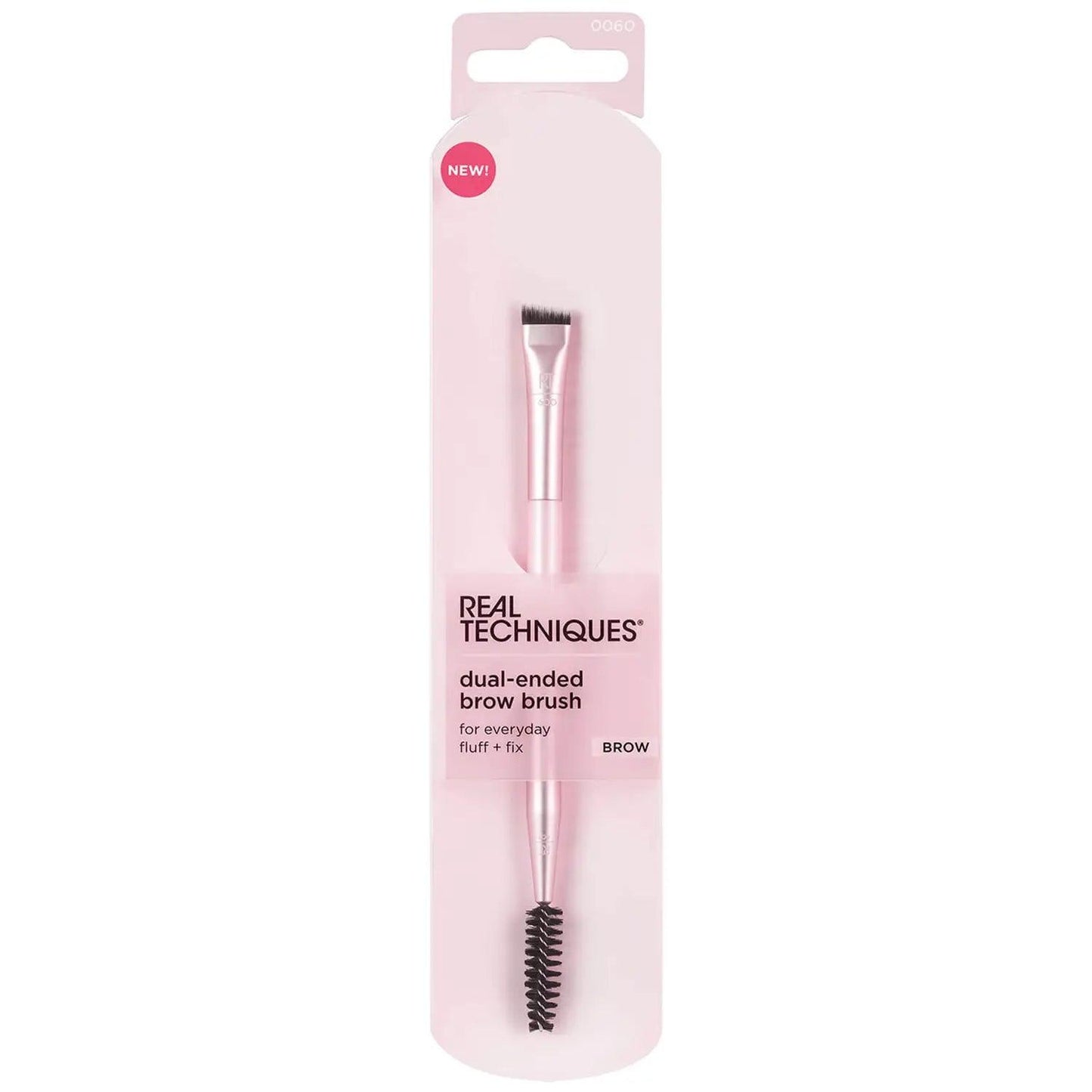 Real Techniques Dual-Ended Brow Brush in packaging with angled liner and spoolie for effortless brow styling.