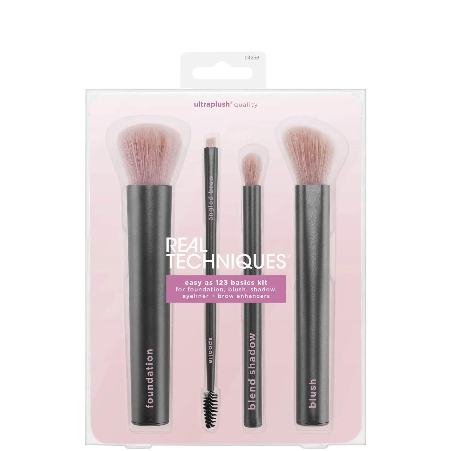 Real Techniques Easy as 123 Basics Kit featuring 5 synthetic brushes for foundation, blush, and shadow.