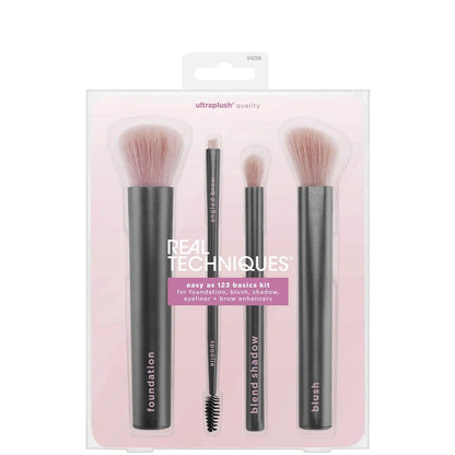 Real Techniques Easy as 123 Basics Kit featuring 5 synthetic brushes for foundation, blush, and shadow.