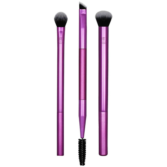 Real Techniques Eye Shade + Blend Brush Set featuring three scissors in vibrant purple for expert eye makeup application.