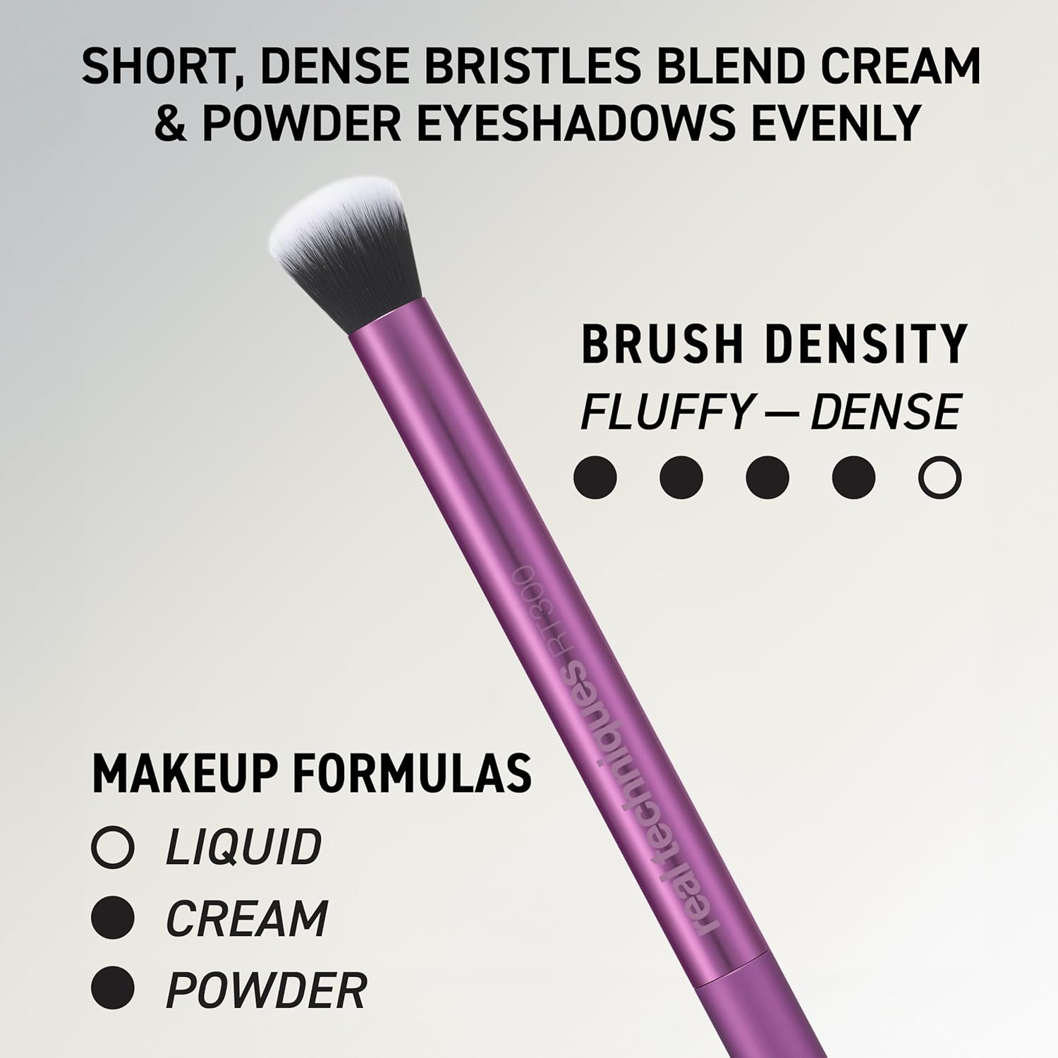 Real Techniques Purple makeup brush with text describing its use for blending cream and powder eyeshadows.