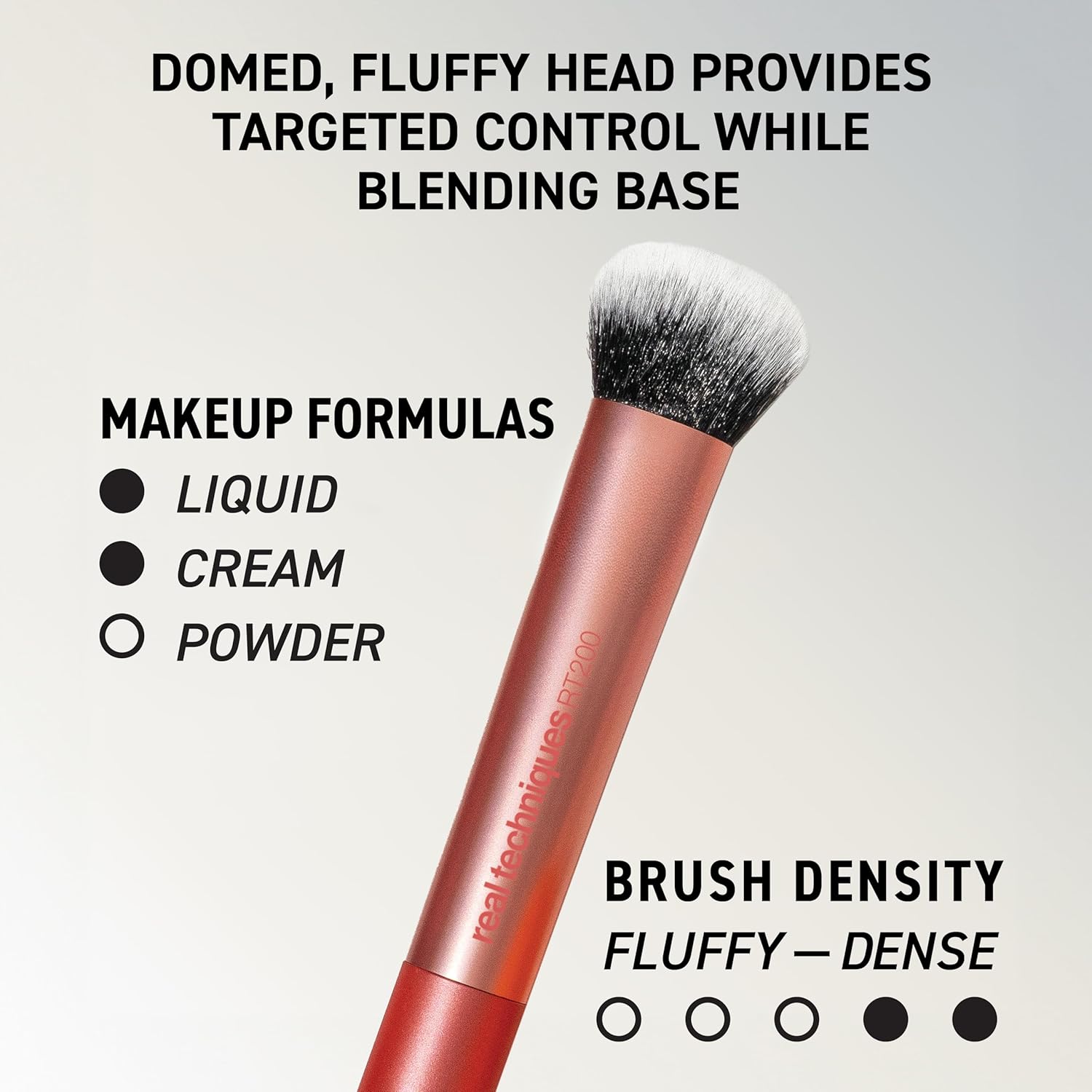 Real Techniques Makeup brush with text describing its features on a light gray background
