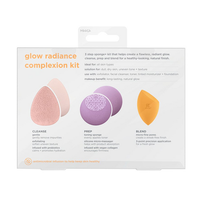 Real Techniques Glow radiance complexion kit packaging with sponges on a white background