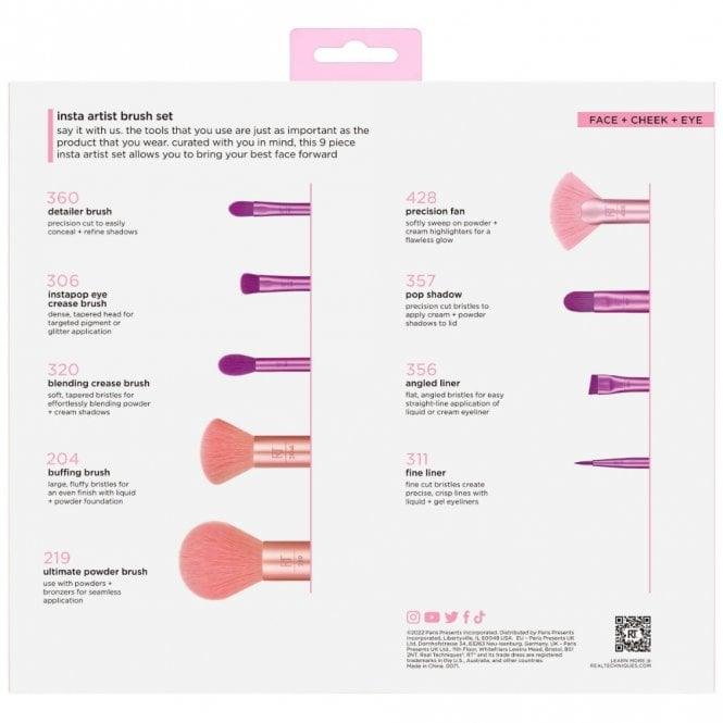 Real Techniques Insta Artist 9 Piece Makeup Brush Set details and brush types for versatile makeup application.
