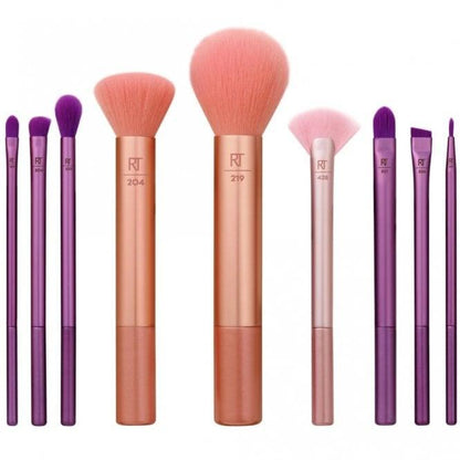 Real Techniques Insta Artist 9 Piece Makeup Brush Set featuring various brushes in vibrant colors for stunning makeup looks.