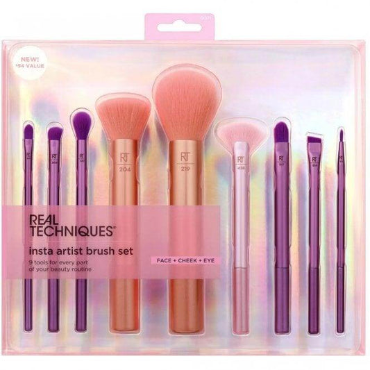 Real Techniques Insta Artist 9 Piece Makeup Brush Set, featuring versatile brushes for face, cheek, and eye makeup.