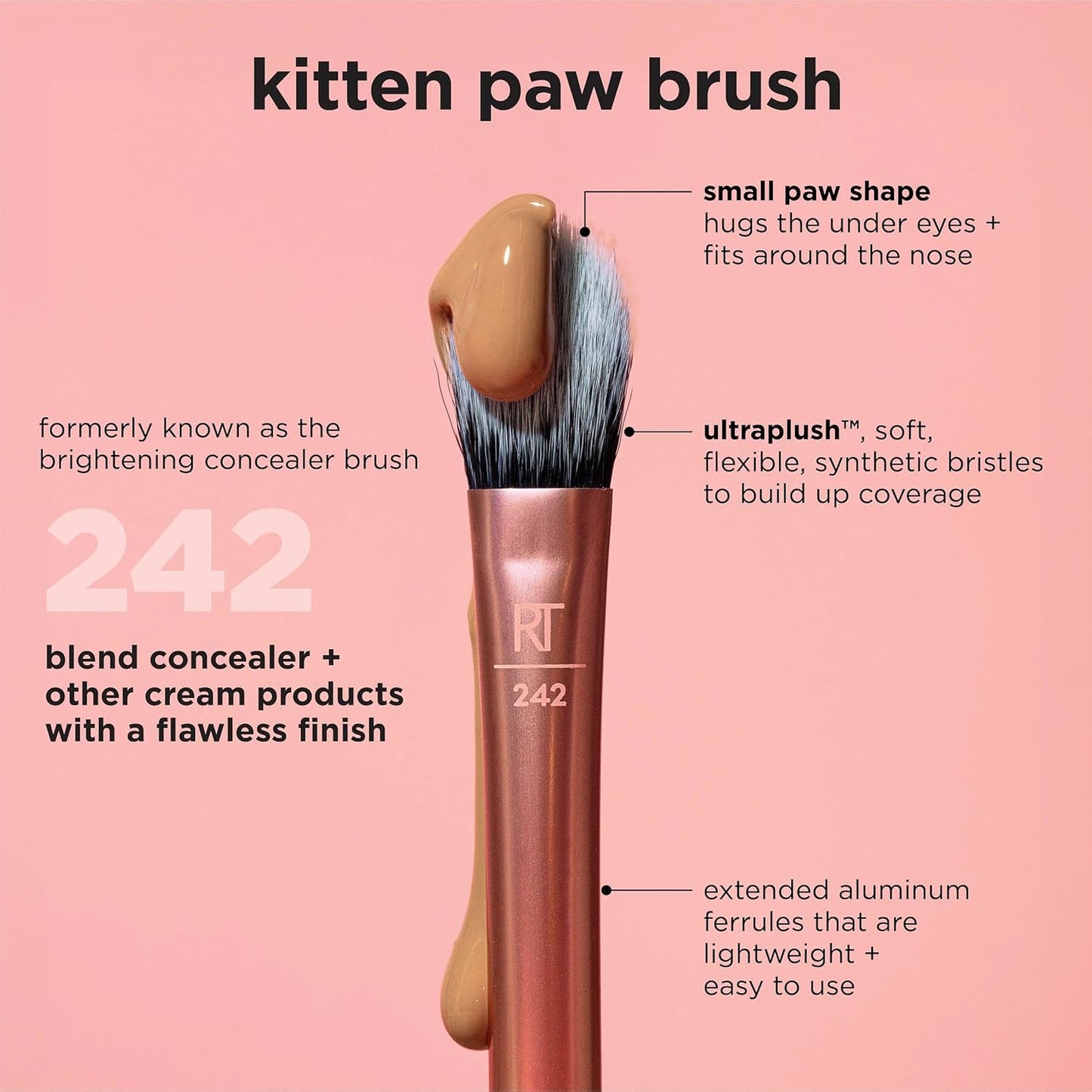 Makeup brush with brown concealer on a pink background, labeled 'kitten paw brush' with product details.