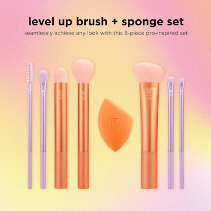Makeup brush and sponge set with RT logo on a gradient background