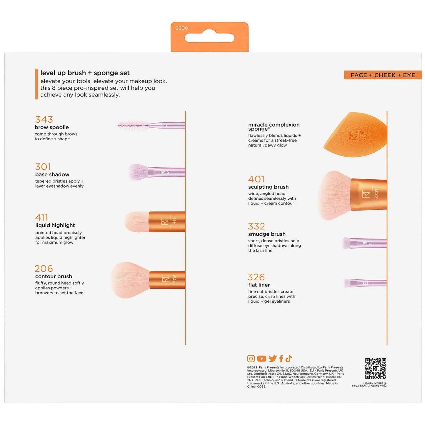 Real Techniques Level Up Brush and Sponge Set back packaging showcasing eight essential makeup tools for flawless application.